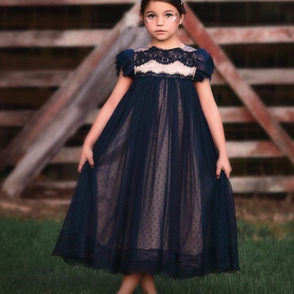 Trish Scully Navy Lace Adriana Empire-Waist Special Occasion Dress Girls Sz 5